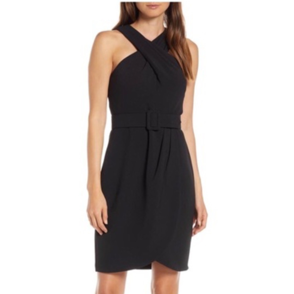 Eliza J Black Crepe Belted CrissCross Halter Dress